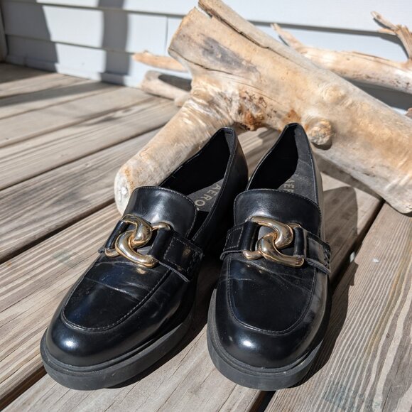 Womens Gibbon Block Heel Loafer Black Gold Buckle Platform Chunky Lug Sole 8.5 9 - Picture 3 of 9